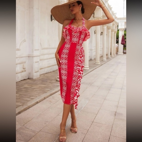 Hawaiian Elegant Tribal Backless Halter Midi Dress - Picture 2 of 6